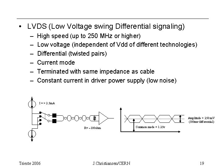  • LVDS (Low Voltage swing Differential signaling) – – – High speed (up