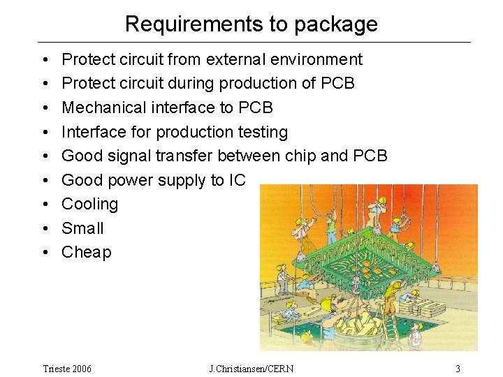 Requirements to package • • • Protect circuit from external environment Protect circuit during