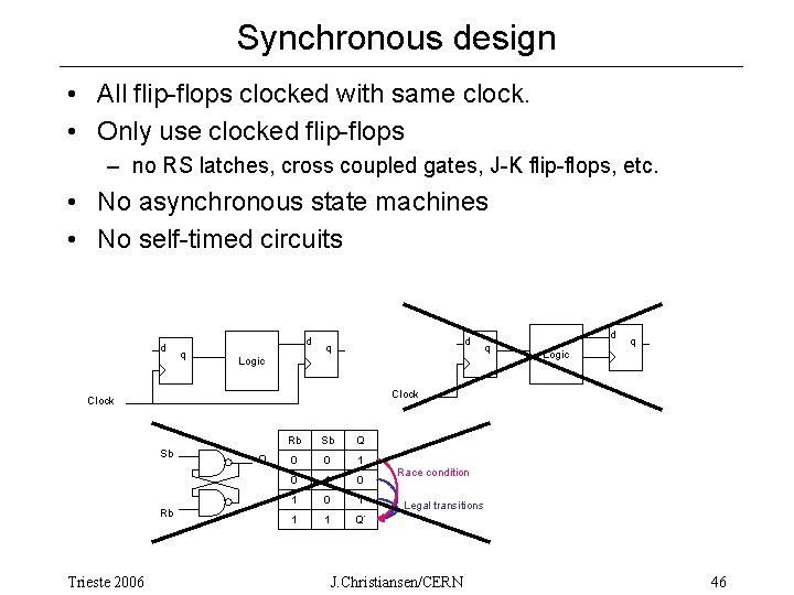 Synchronous design • All flip-flops clocked with same clock. • Only use clocked flip-flops