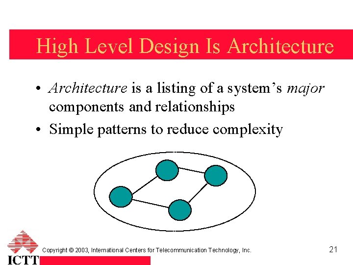 High Level Design Is Architecture • Architecture is a listing of a system’s major