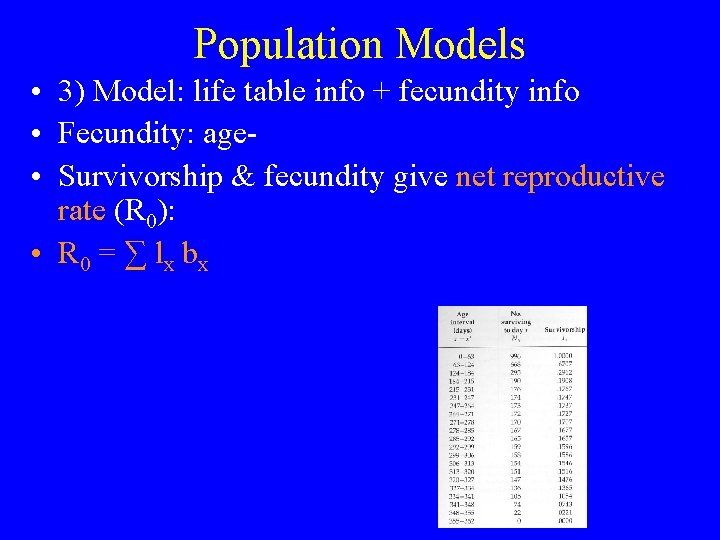 Population Models • 3) Model: life table info + fecundity info • Fecundity: age