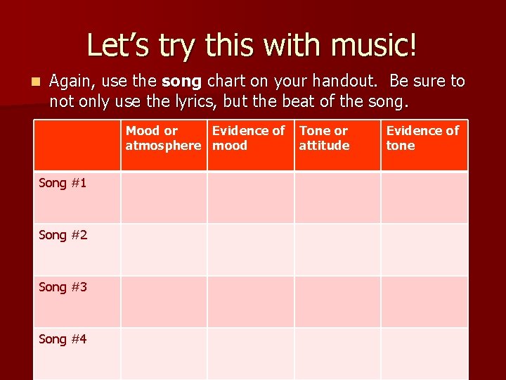 Let’s try this with music! n Again, use the song chart on your handout.