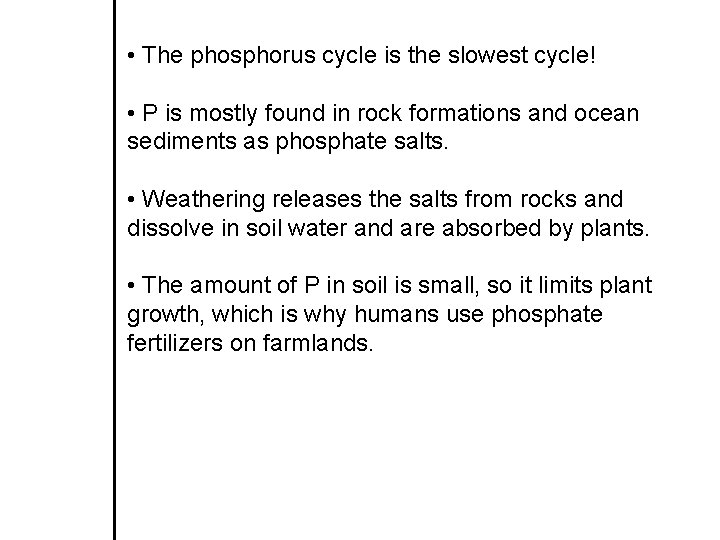  • The phosphorus cycle is the slowest cycle! • P is mostly found