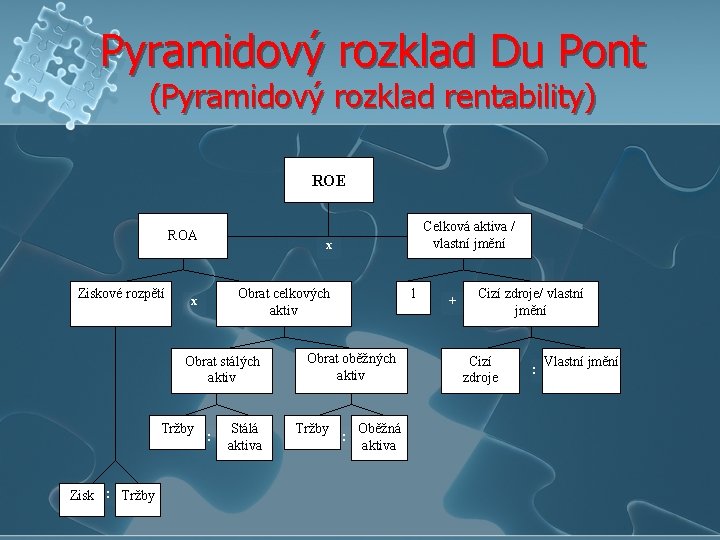 Pyramidový rozklad Du Pont (Pyramidový rozklad rentability) ROE ROA Ziskové rozpětí x Obrat celkových