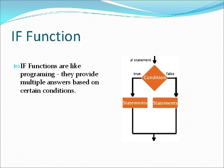 IF Functions are like programing - they provide multiple answers based on certain conditions.