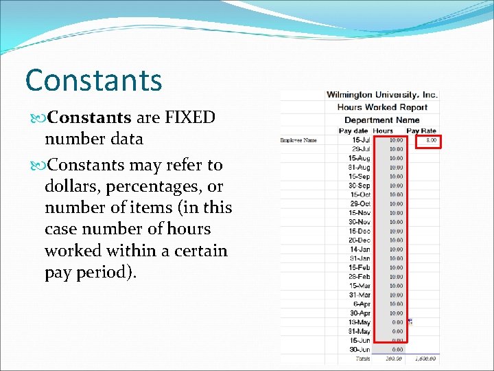 Constants are FIXED number data Constants may refer to dollars, percentages, or number of