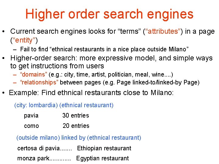 Higher order search engines • Current search engines looks for “terms” (“attributes”) in a