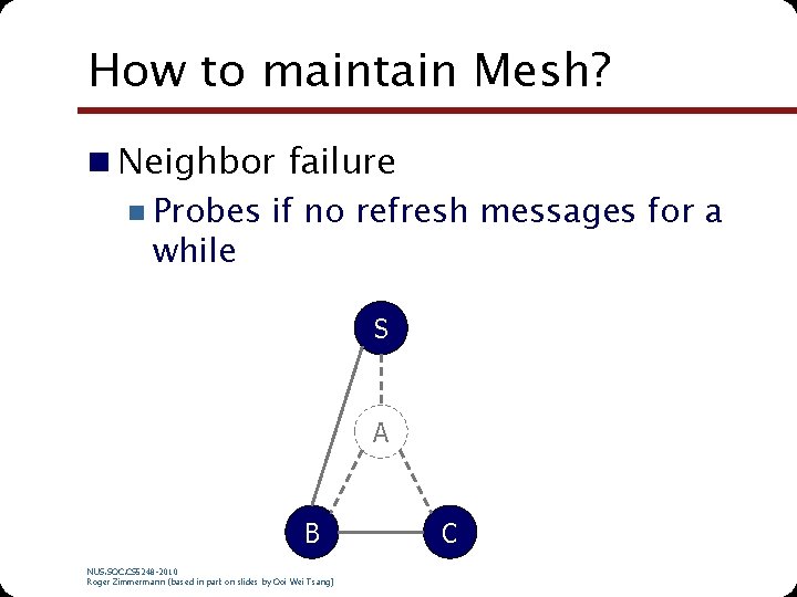 How to maintain Mesh? n Neighbor failure n Probes if no refresh messages for