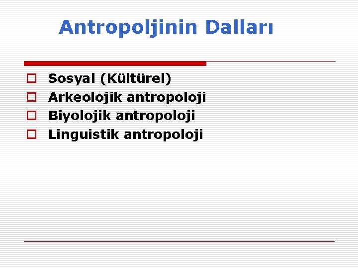 Antropoljinin Dalları o o Sosyal (Kültürel) Arkeolojik antropoloji Biyolojik antropoloji Linguistik antropoloji Antropoljinin Dalları o o Sosyal (Kültürel) Arkeolojik antropoloji Biyolojik antropoloji Linguistik antropoloji