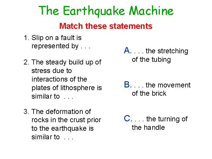 The Earthquake Machine Match these statements 1. Slip on a fault is represented by.