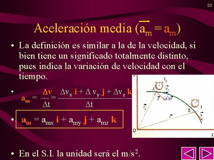 33 Aceleración media (am = am) • La definición es similar a la de