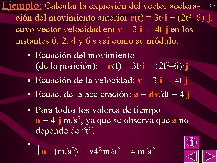 Ejemplo: Calcular la expresión del vector acelera- 35 ción del movimiento anterior r(t) =