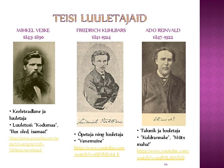 MIHKEL VESKE 1843 -1890 • Keeleteadlane ja luuletaja • Luuletusi: “Kodumaa”, “Ilus oled, isamaa!”