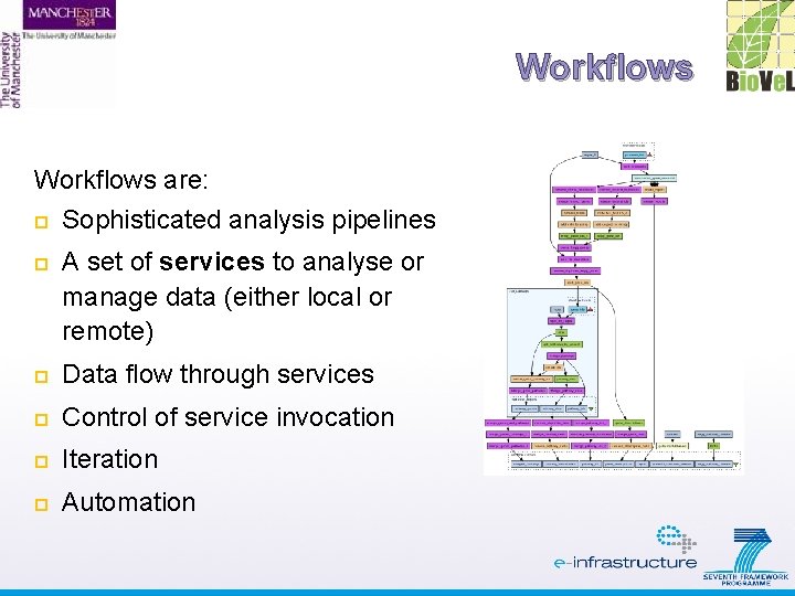 Workflows are: Sophisticated analysis pipelines A set of services to analyse or manage data