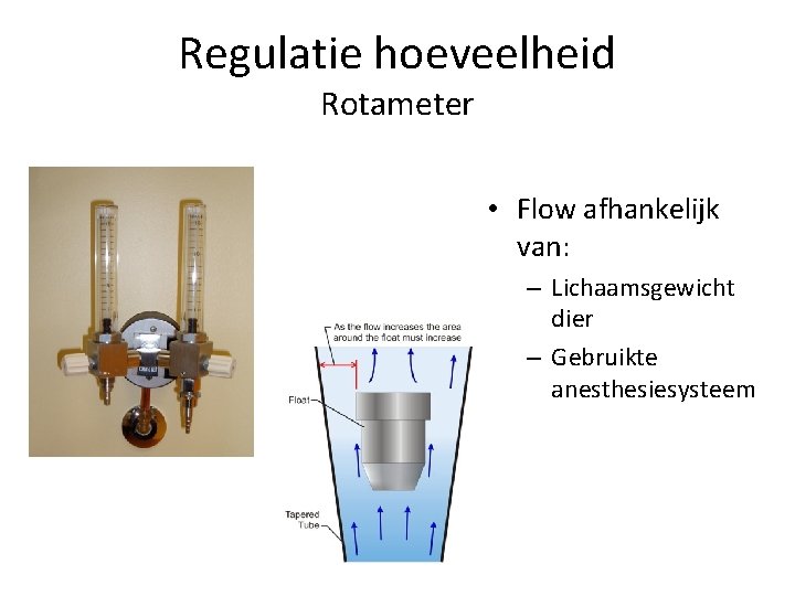 Regulatie hoeveelheid Rotameter • Flow afhankelijk van: – Lichaamsgewicht dier – Gebruikte anesthesiesysteem 