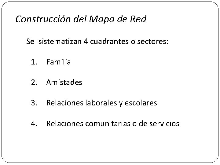 Construcción del Mapa de Red Se sistematizan 4 cuadrantes o sectores: 1. Familia 2.