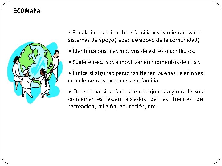 ECOMAPA • Señala interacción de la familia y sus miembros con sistemas de apoyo(redes