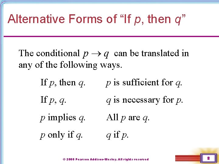 Alternative Forms of “If p, then q” The conditional can be translated in any