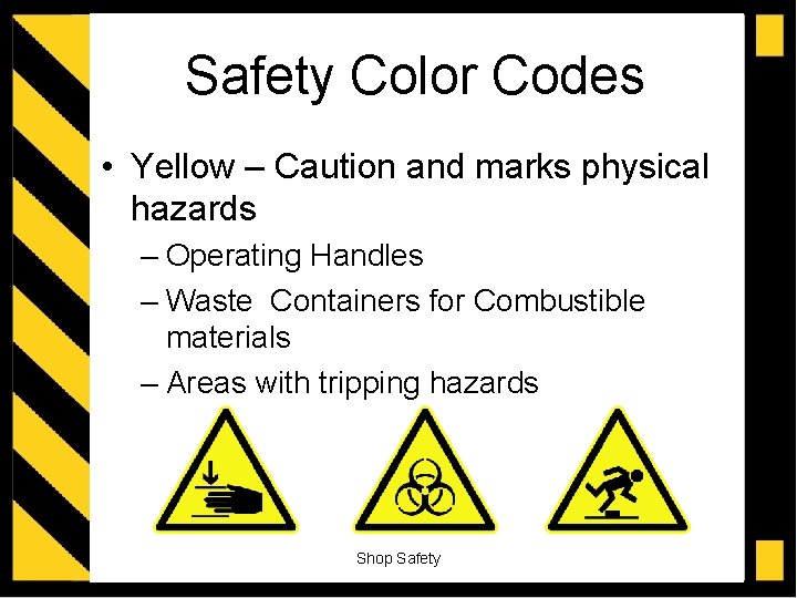 Safety Color Codes • Yellow – Caution and marks physical hazards – Operating Handles