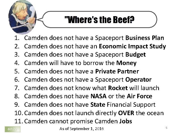 1. Camden does not have a Spaceport Business Plan 2. Camden does not have 1. Camden does not have a Spaceport Business Plan 2. Camden does not have