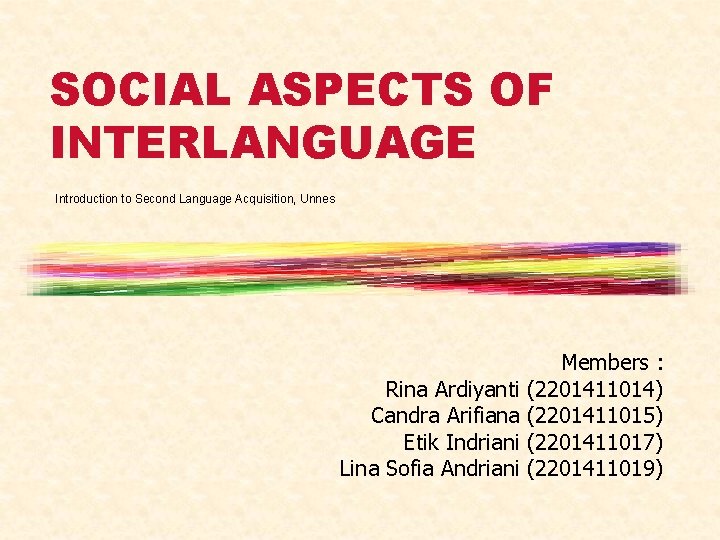 SOCIAL ASPECTS OF INTERLANGUAGE Introduction to Second Language Acquisition, Unnes Rina Ardiyanti Candra Arifiana