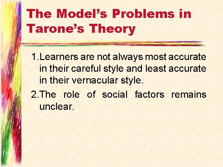 The Model’s Problems in Tarone’s Theory 1. Learners are not always most accurate in