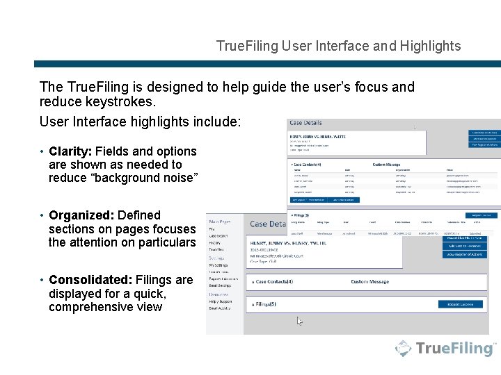 True. Filing User Interface and Highlights The True. Filing is designed to help guide