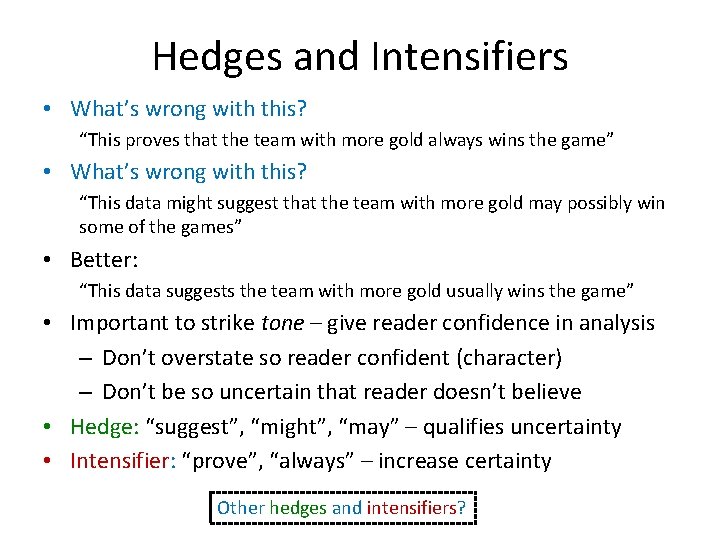 Hedges and Intensifiers • What’s wrong with this? “This proves that the team with