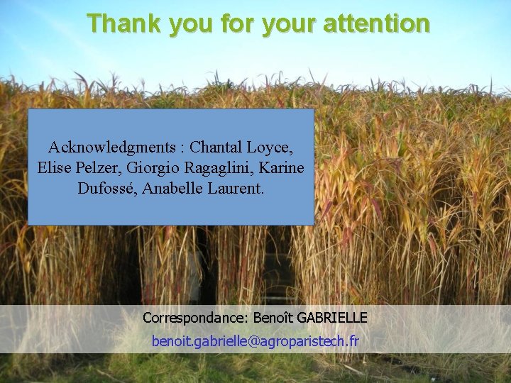 Thank you for your attention Acknowledgments : Chantal Loyce, Elise Pelzer, Giorgio Ragaglini, Karine