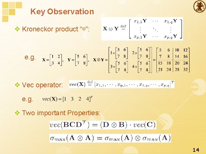 Key Observation v Kroneckor product “⊗”: e. g. v Vec operator: e. g. v