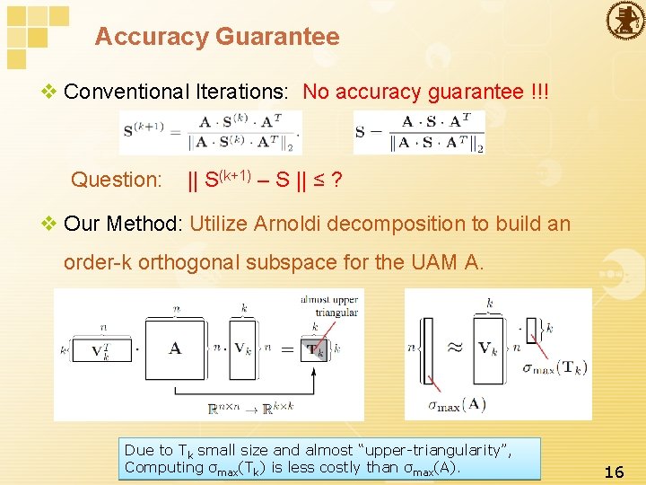 Accuracy Guarantee v Conventional Iterations: No accuracy guarantee !!! Question: || S(k+1) – S