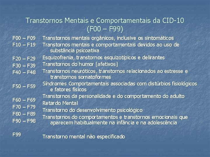 Transtornos Mentais e Comportamentais da CID-10 (F 00 – F 99) F 00 –
