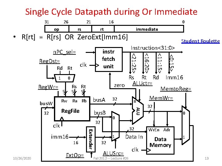 Single Cycle Datapath during Or Immediate 31 26 21 op 16 rs 0 rt