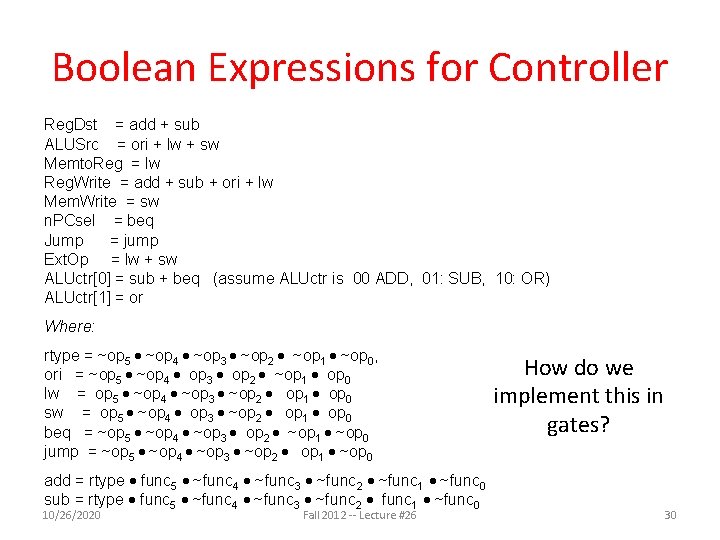 Boolean Expressions for Controller Reg. Dst = add + sub ALUSrc = ori +