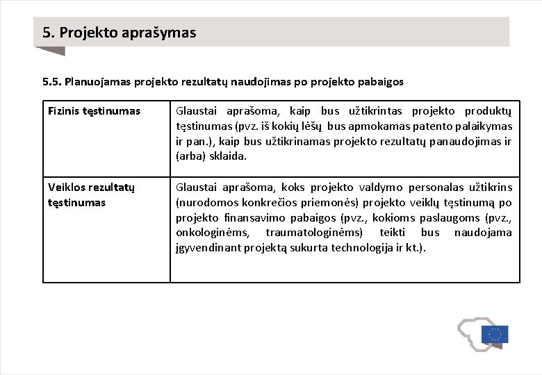 5. Projekto aprašymas 5. 5. Planuojamas projekto rezultatų naudojimas po projekto pabaigos Fizinis tęstinumas