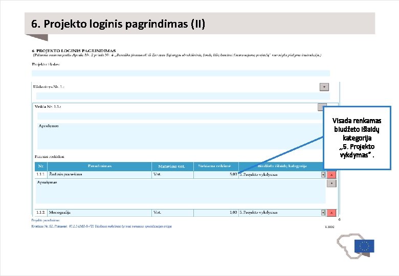 6. Projekto loginis pagrindimas (II) Visada renkamas biudžeto išlaidų kategorija , , 5. Projekto