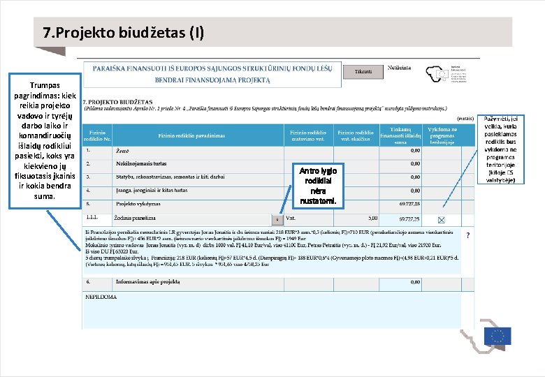7. Projekto biudžetas (I) Trumpas pagrindimas: kiek reikia projekto vadovo ir tyrėjų darbo laiko