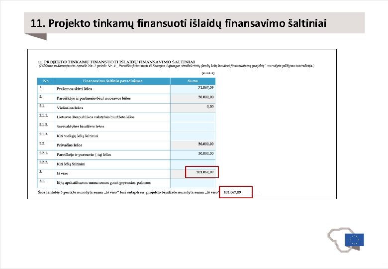 11. Projekto tinkamų finansuoti išlaidų finansavimo šaltiniai 