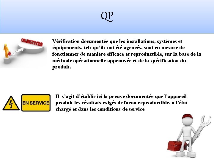 QP Vérification documentée que les installations, systèmes et équipements, tels qu’ils ont été agencés,