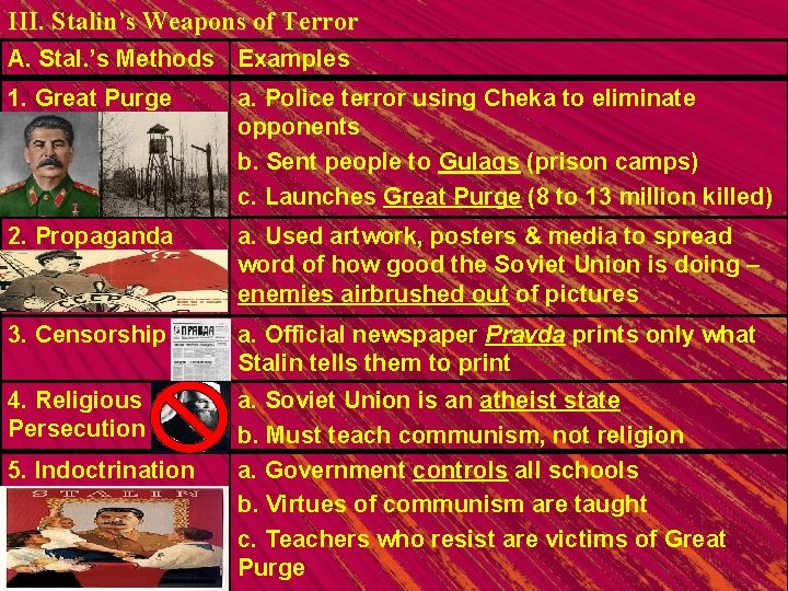 III. Stalin’s Weapons of Terror A. Stal. ’s Methods Examples 1. Great Purge a.