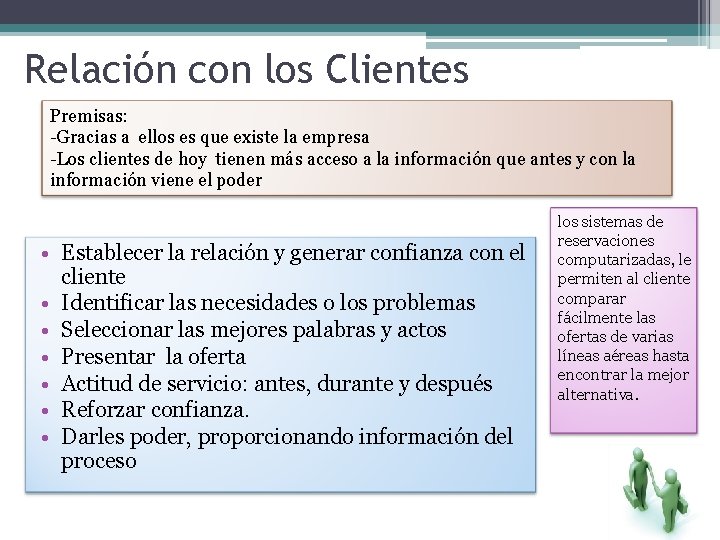Relación con los Clientes Premisas: -Gracias a ellos es que existe la empresa -Los Relación con los Clientes Premisas: -Gracias a ellos es que existe la empresa -Los