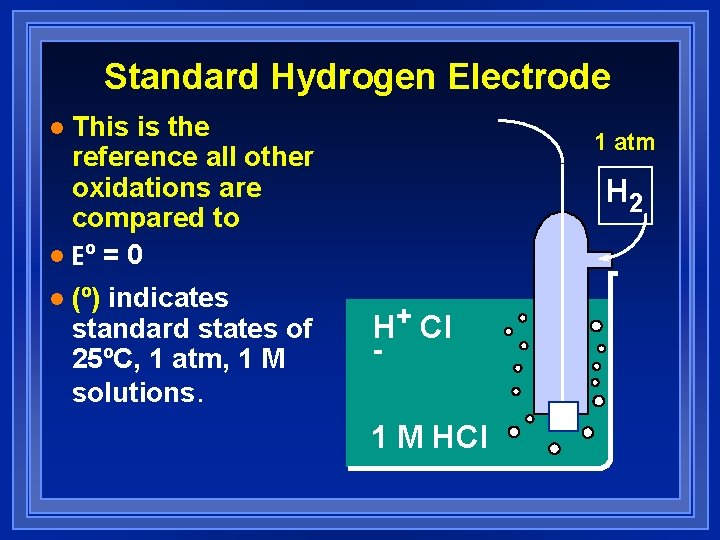 Standard Hydrogen Electrode This is the reference all other oxidations are compared to l Standard Hydrogen Electrode This is the reference all other oxidations are compared to l