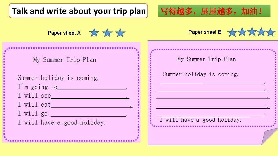 Talk and write about your trip plan Paper sheet A 写得越多，星星越多，加油！ Paper sheet B