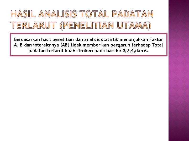 Berdasarkan hasil penelitian dan analisis statistik menunjukkan Faktor A, B dan interaksinya (AB) tidak