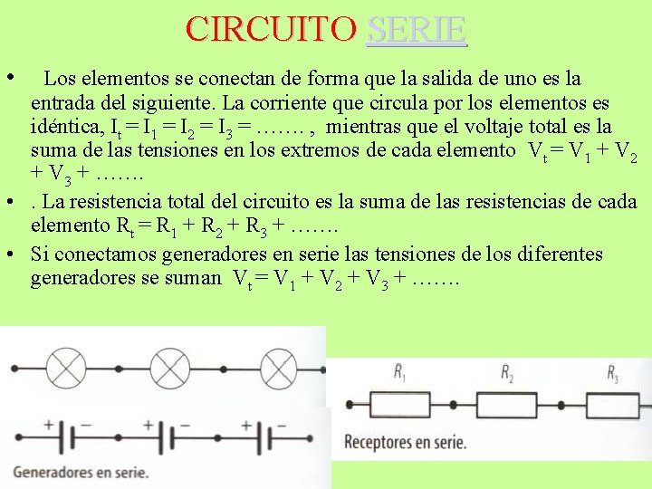 CIRCUITO SERIE • Los elementos se conectan de forma que la salida de uno