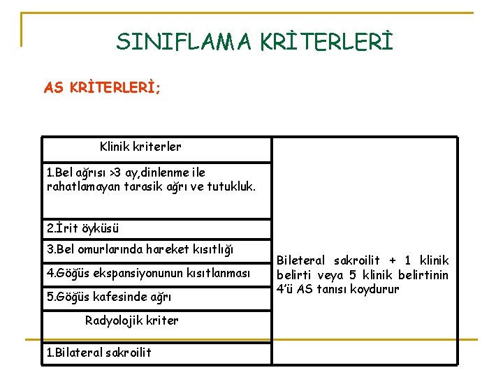 SINIFLAMA KRİTERLERİ AS KRİTERLERİ; Klinik kriterler 1. Bel ağrısı >3 ay, dinlenme ile rahatlamayan SINIFLAMA KRİTERLERİ AS KRİTERLERİ; Klinik kriterler 1. Bel ağrısı >3 ay, dinlenme ile rahatlamayan