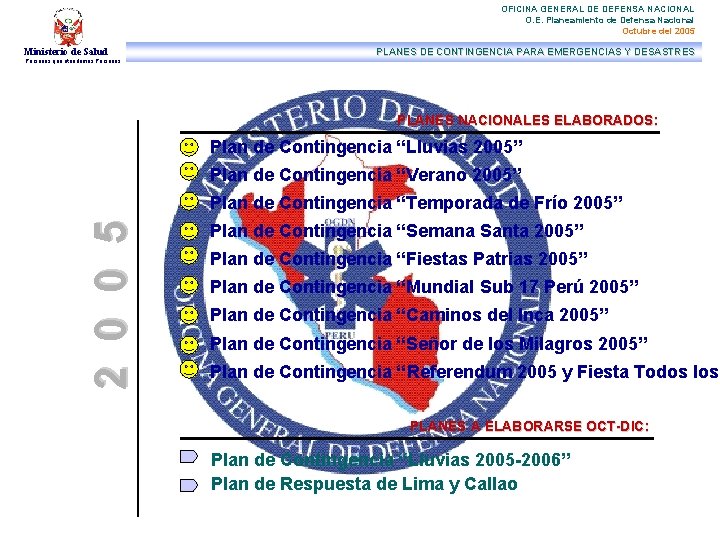 OFICINA GENERAL DE DEFENSA NACIONAL O. E. Planeamiento de Defensa Nacional Octubre del 2005