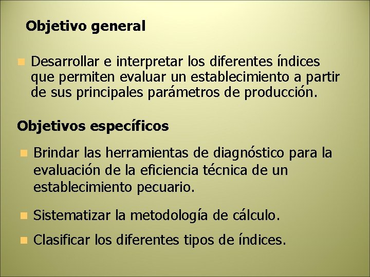 Objetivo general n Desarrollar e interpretar los diferentes índices que permiten evaluar un establecimiento