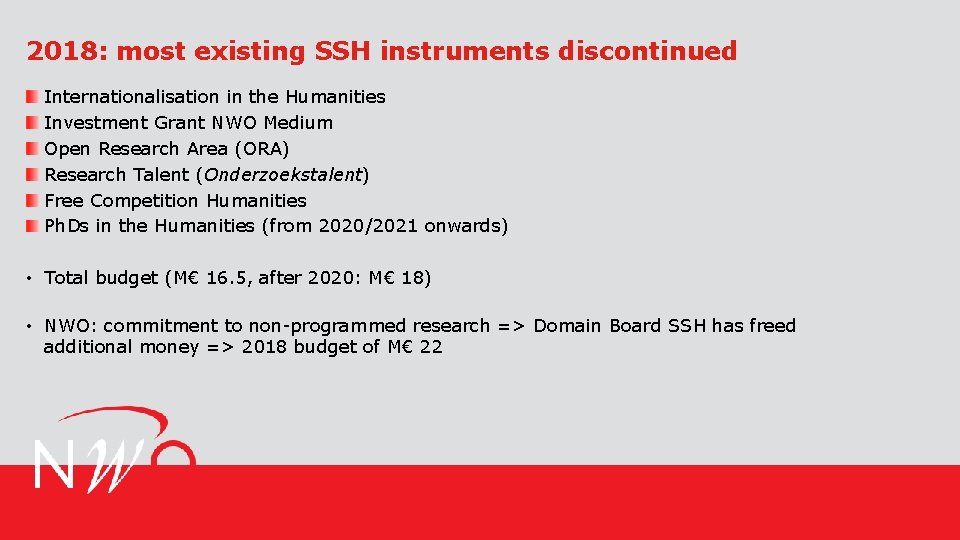 2018: most existing SSH instruments discontinued Internationalisation in the Humanities Investment Grant NWO Medium