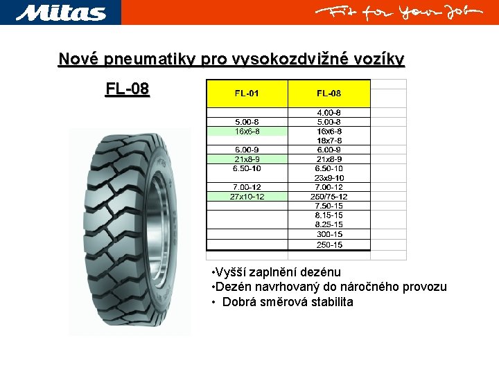 Nové pneumatiky pro vysokozdvižné vozíky FL-08 • Vyšší zaplnění dezénu • Dezén navrhovaný do